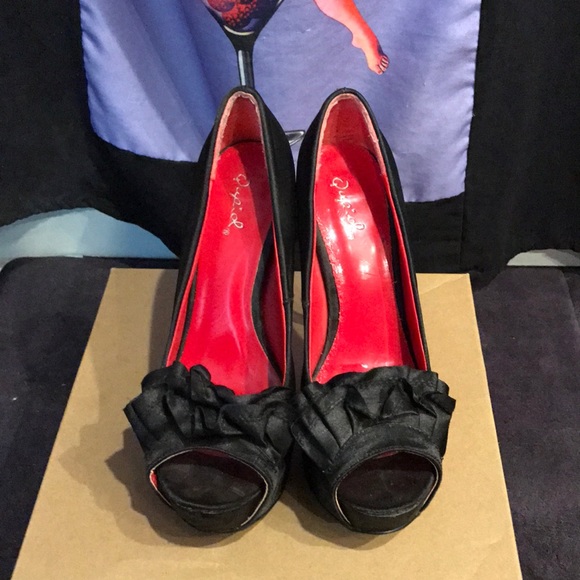 Black Satin Heels - Red Insole, Size 6 - Picture 2 of 4